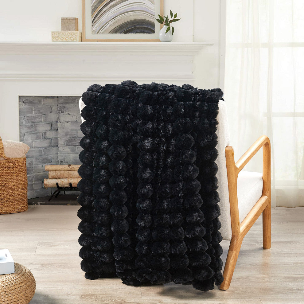 Spandex Bubble Faux Fur Throw Blanket, Black