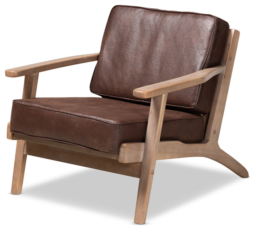 Woodard Dark Brown Faux Leather Effect Upholstered Antique Oak Wood Armchair