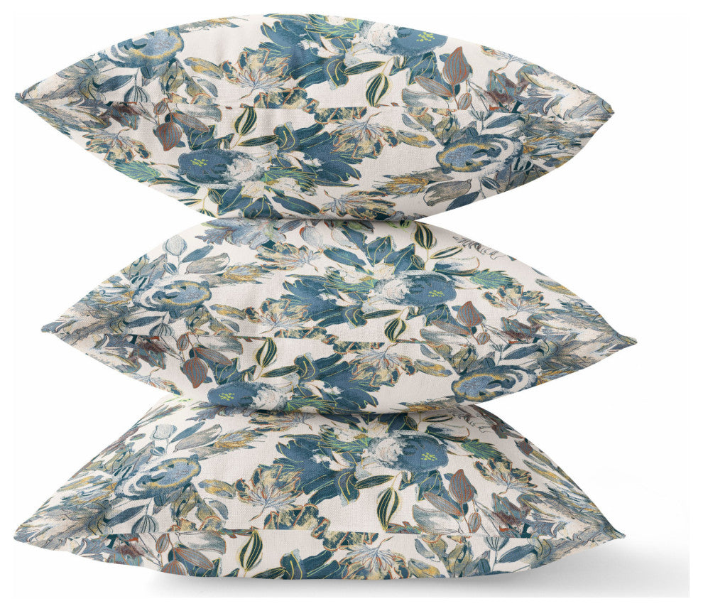 26" Blue White Florals Indoor Outdoor Zippered Throw Pillow