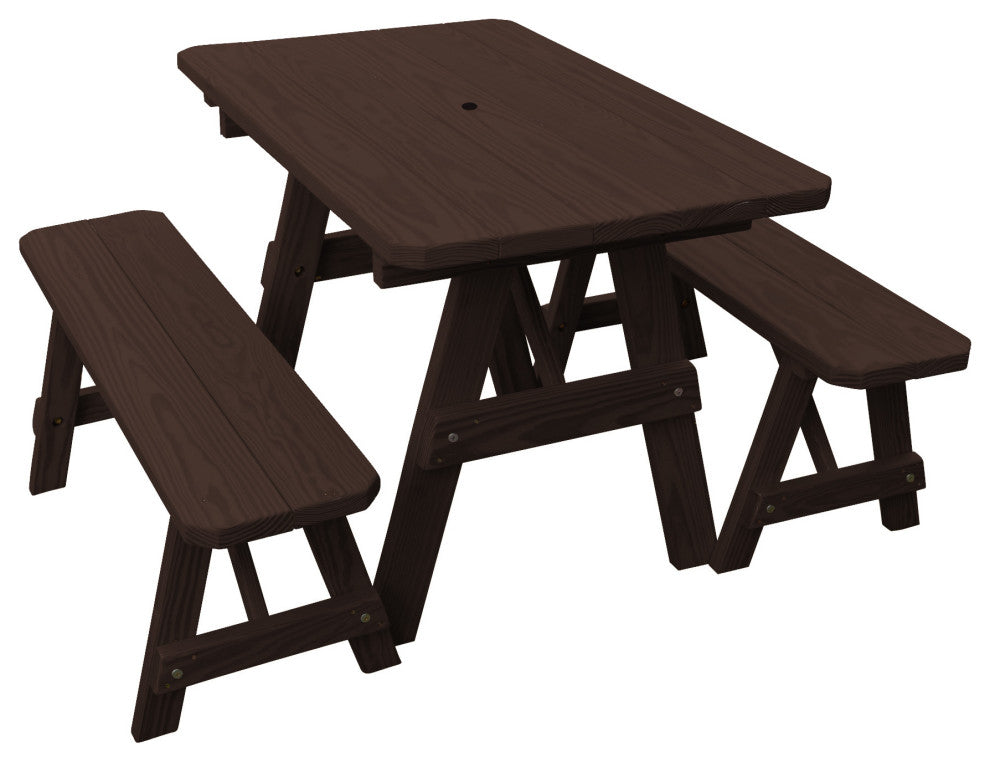 Pressure Treated Pine Picnic Table With 2 Benches, Walnut Stain, 5 Foot, With Umbrella Hole
