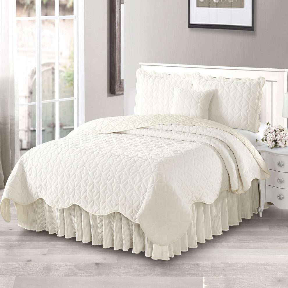Diamond Square Quilted Coverlet 4-Piece Bedspread Set, Ivory, Queen