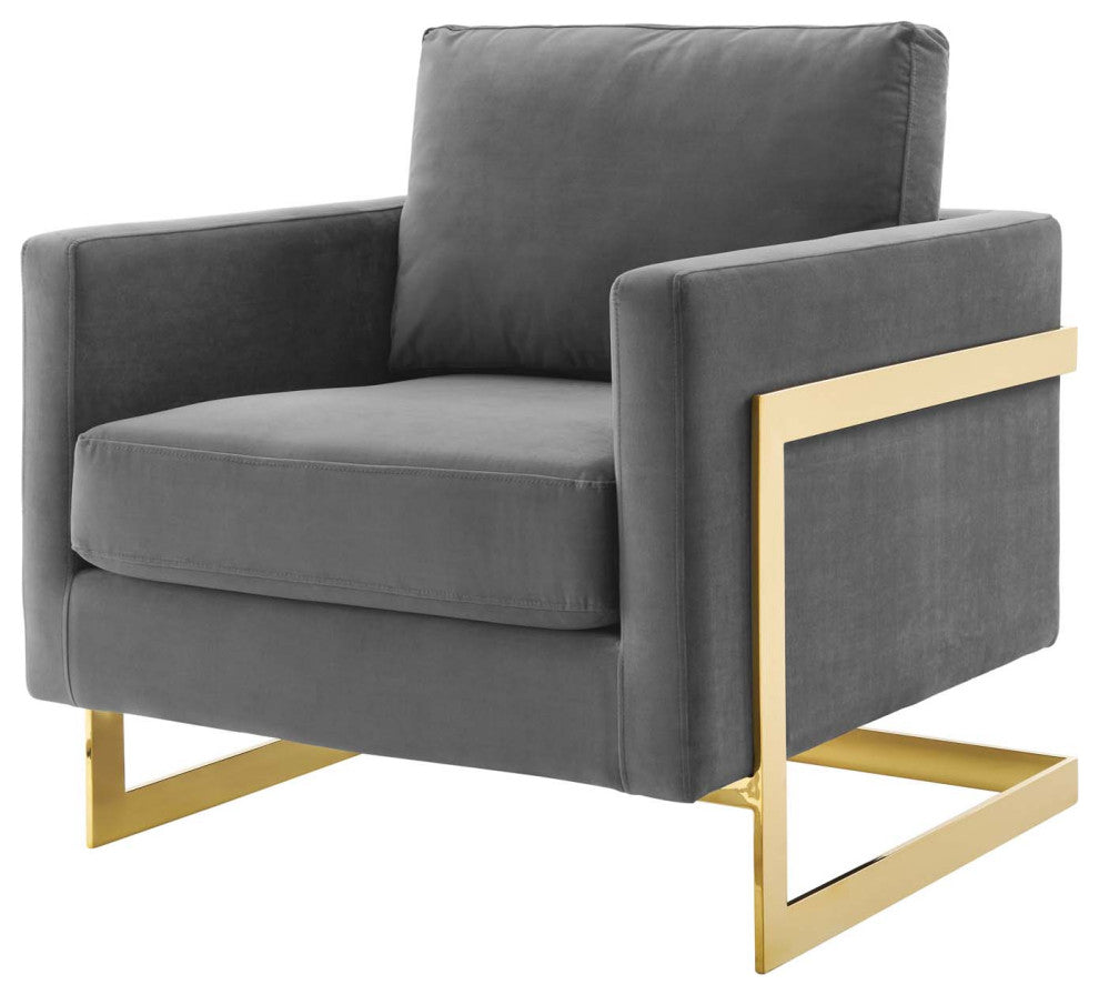 Accent Chair, Velvet, Metal, Gold Gray, Modern, Living Lounge Hospitality