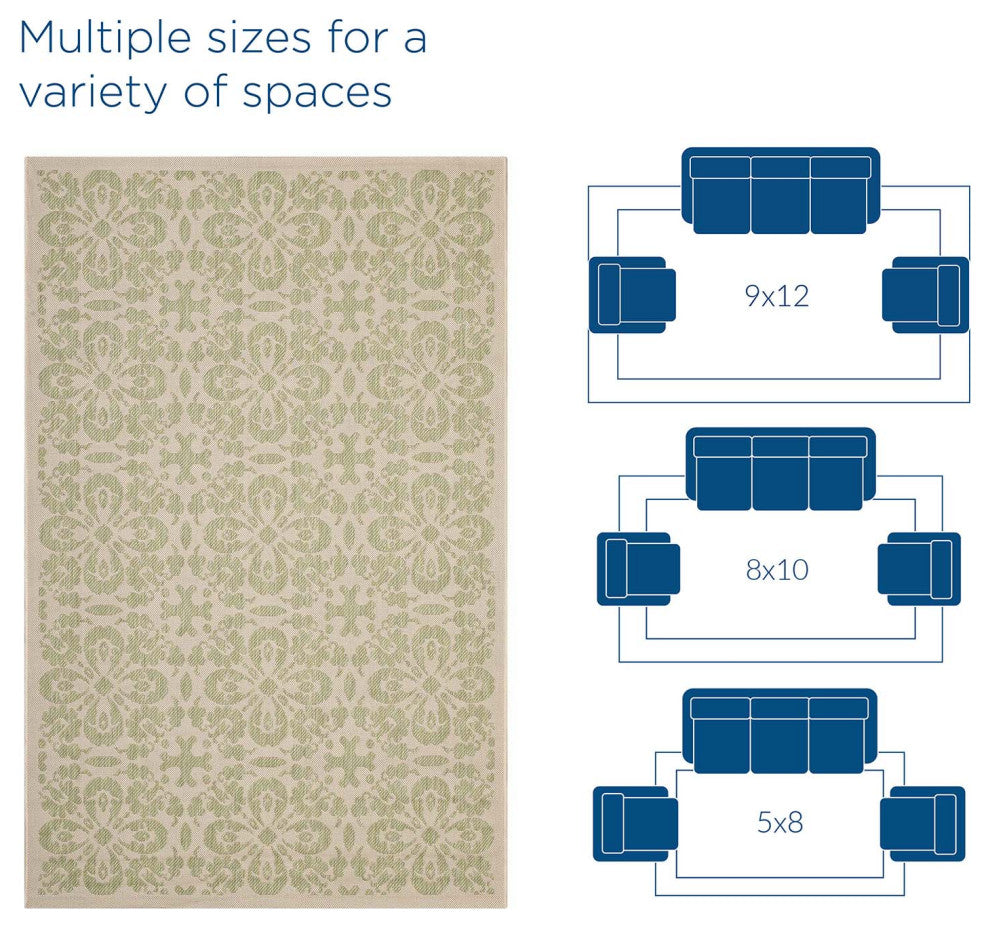 Vintage Area Rug Floor Carpet, Indoor Outdoor, Rectangular, 9x12, Green Beige