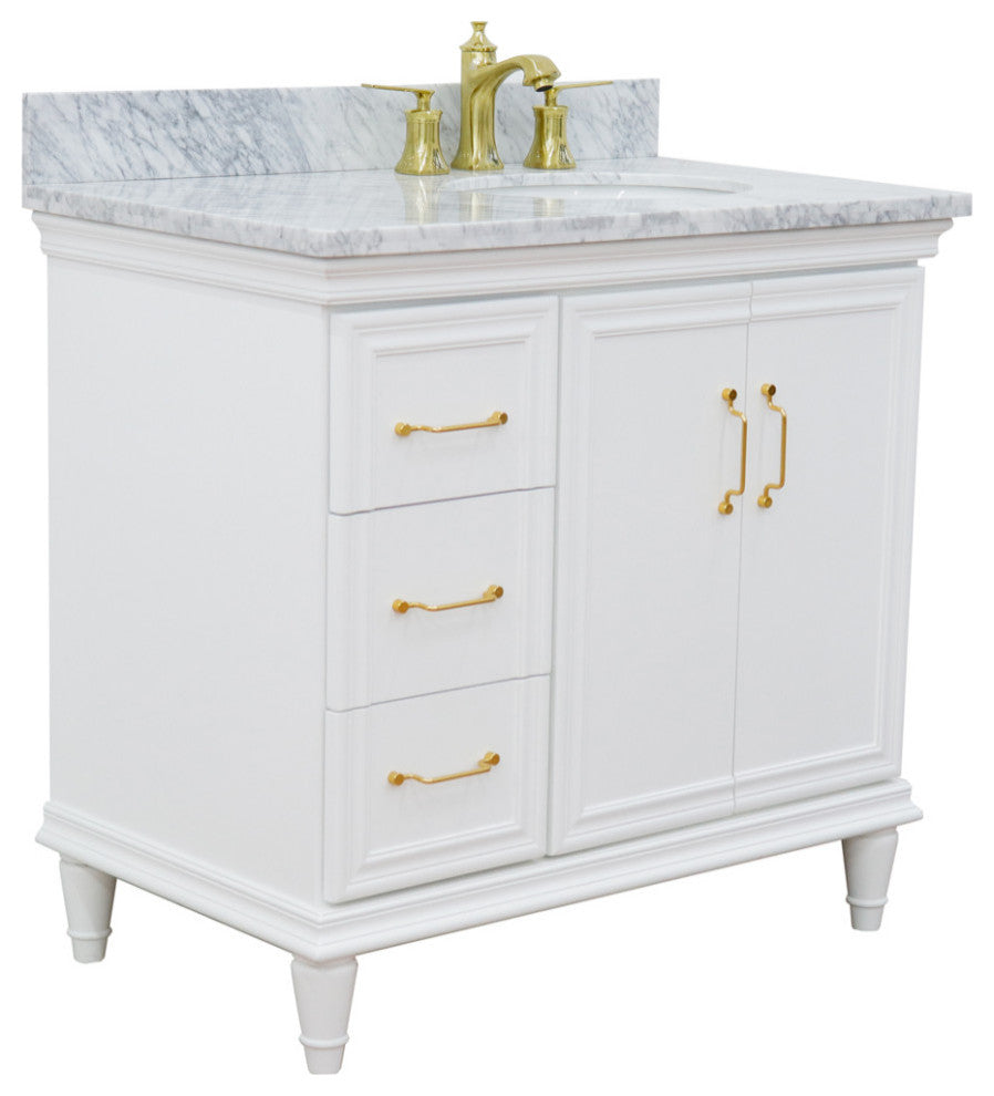 37" Single Vanity, White Finish With White Carrara