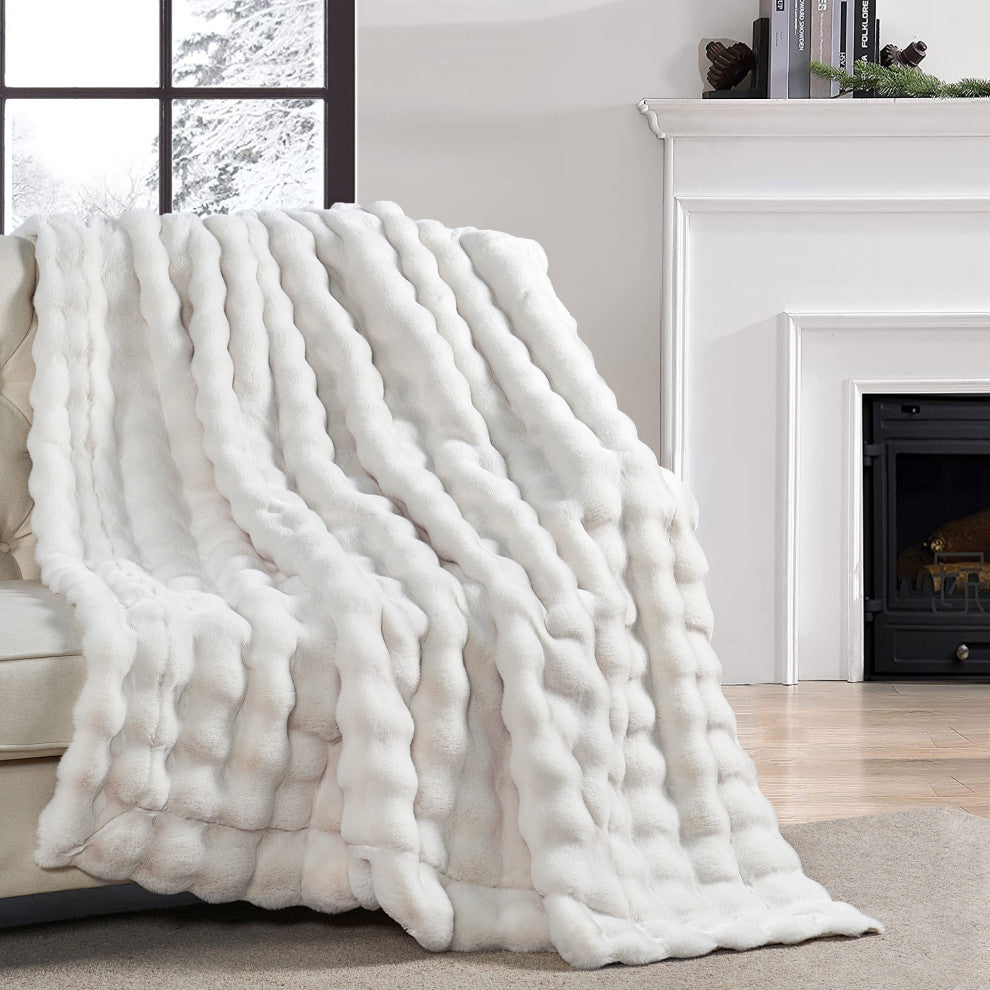 Textured Bubble Faux Fur Throw Blanket, White, 50''x60''