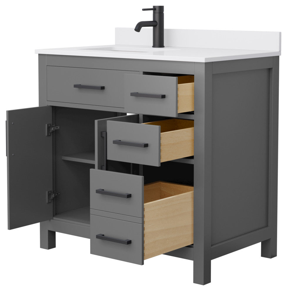 36" Single Bath Vanity Dark Gray, White Cult.Marble Countertop, Sink, Black Trim