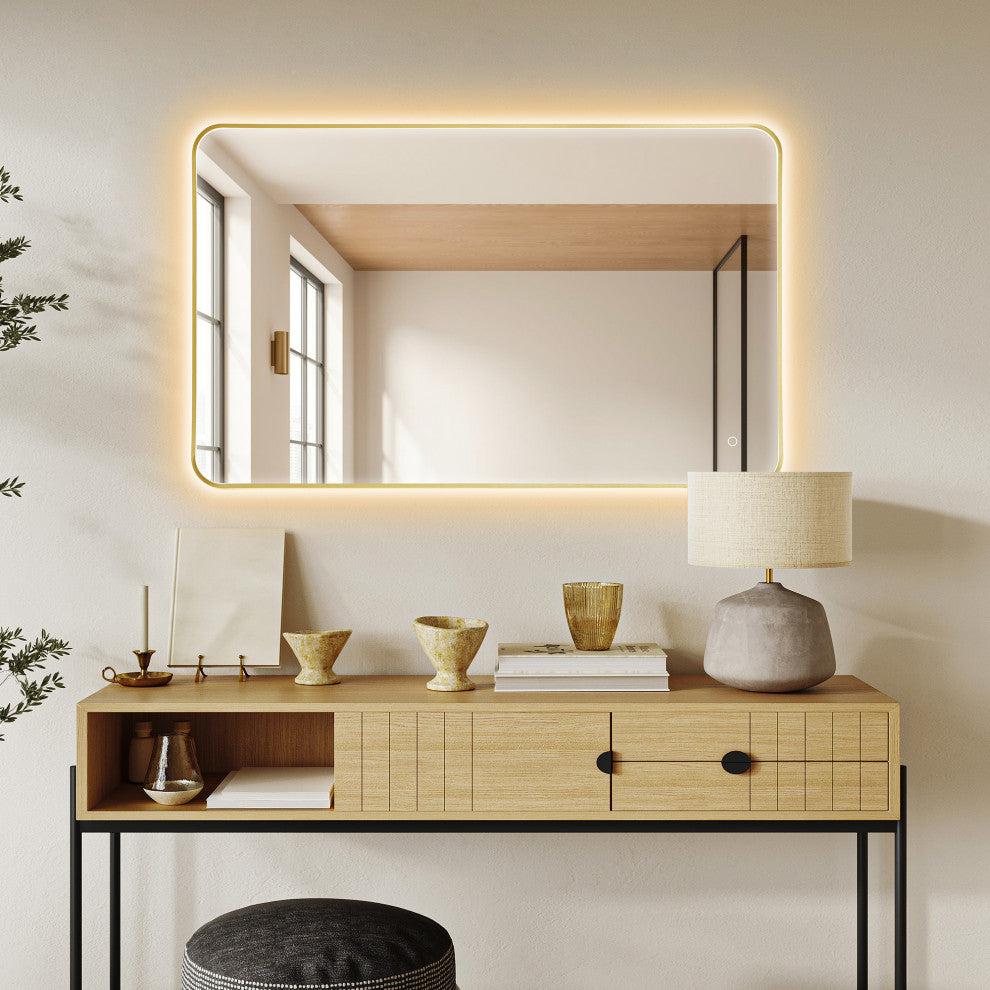 Dazzle Rectangular Bathroom/Vanity LED Lighted Wall Mirror, Brushed Gold, 48"