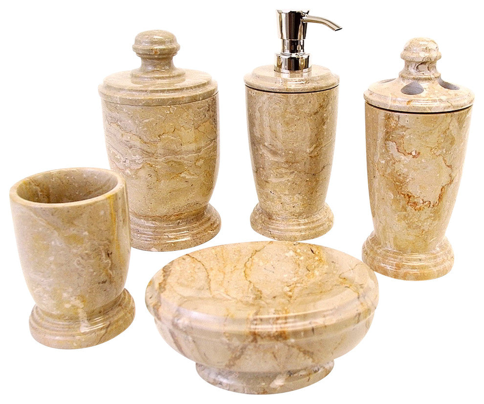 Sahara Beige Marble 5-Piece Bathroom Accessory Set of Atlantic Collection