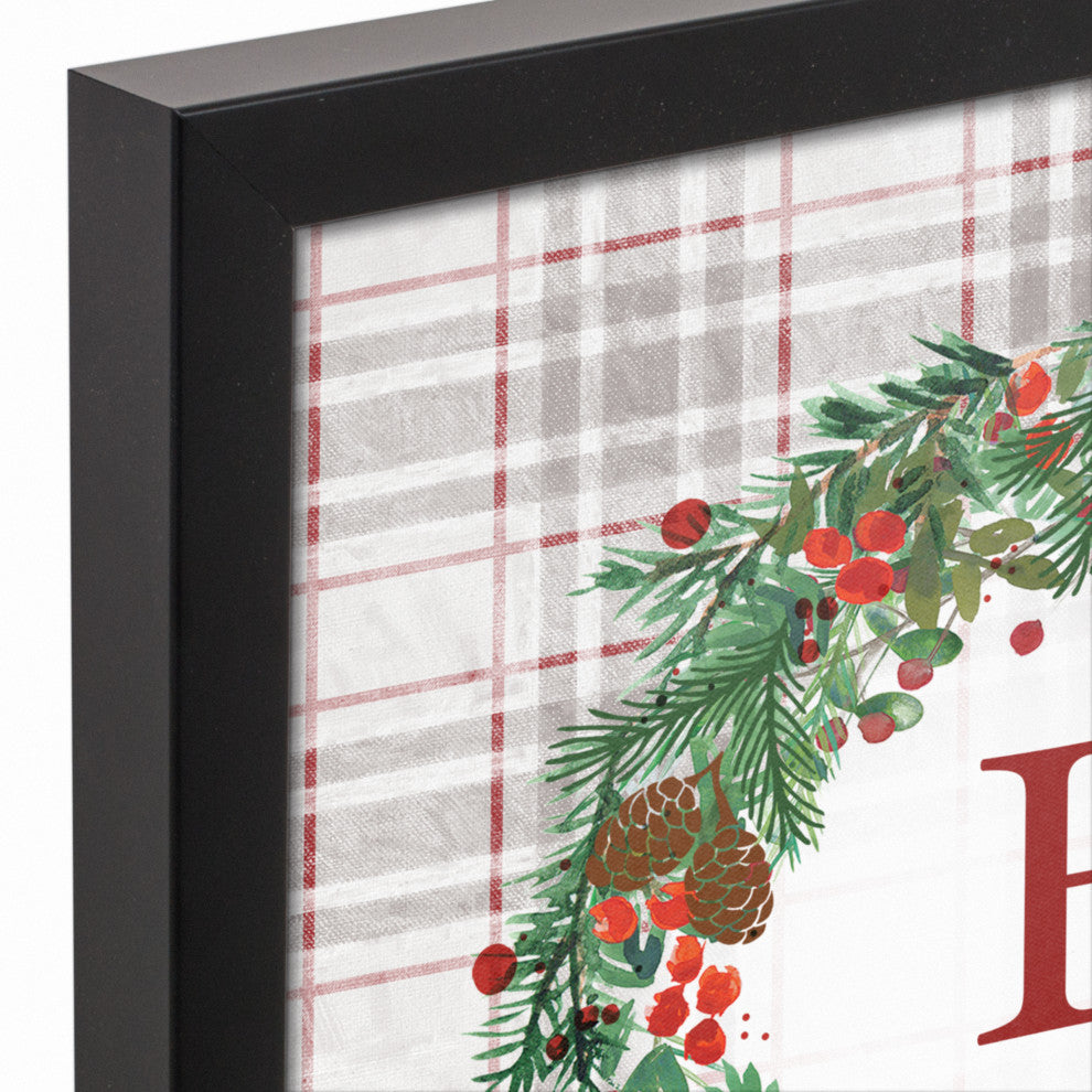 Holiday Gray Plaid Monogram Wreath E 12x12 Black Framed Canvas