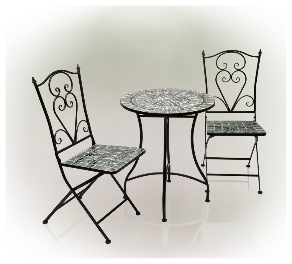 Marbled Glass Mosaic 3-Piece Bistro Set Folding Table and Chairs Patio Seating