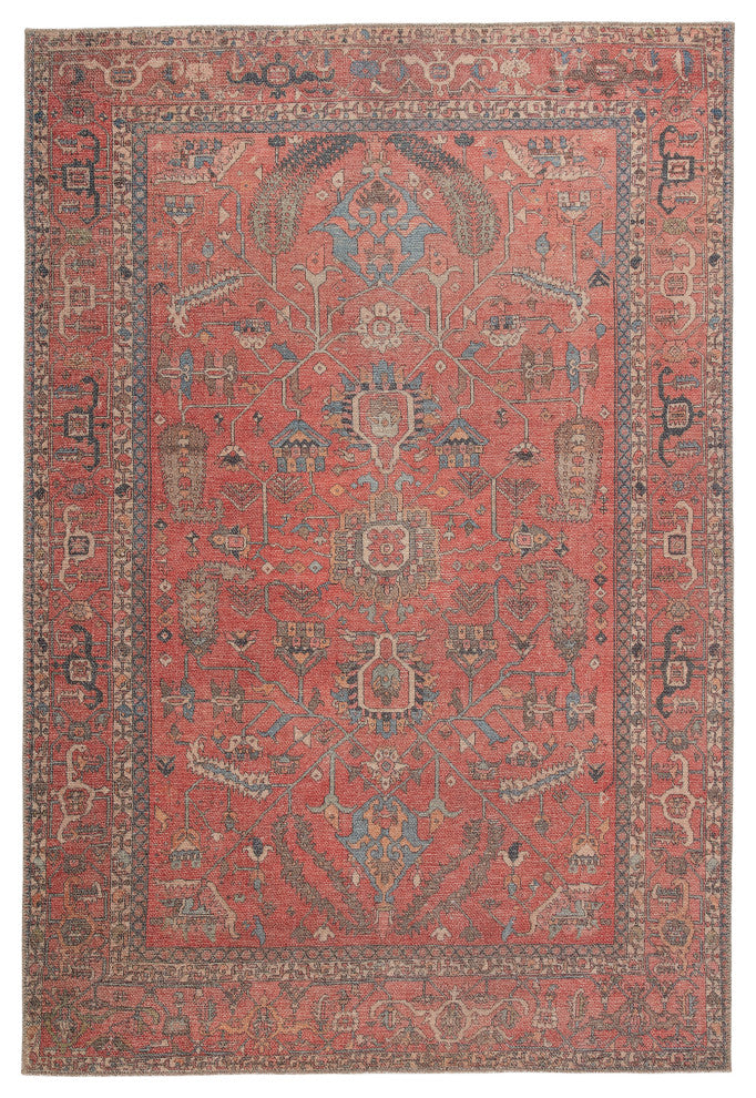Machine Washable Galina Oriental Red and Blue Runner Rug, 6'x9'