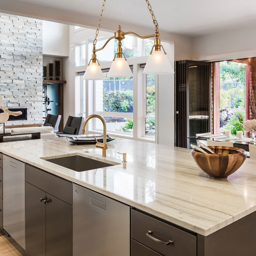 LNC Modern 3-Light Distressed Gold Linear Kitchen Island Chandelier