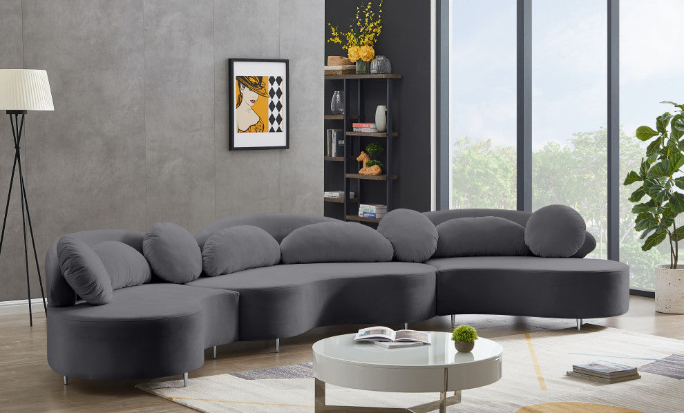 Vivacious Velvet Upholstered 3-Piece Sectional, Gray