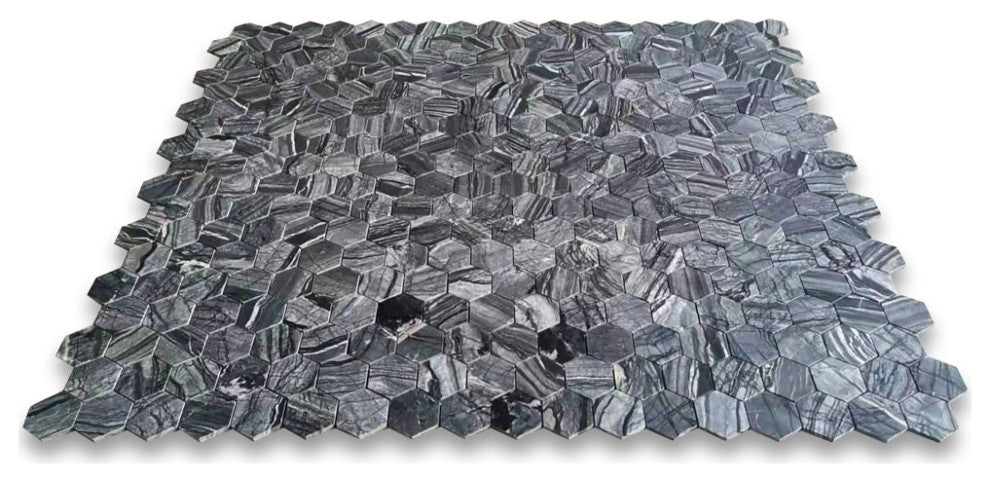 Silver Wave Black Forest Marble 2 Hexagon Mosaic Wall Floor Tile Honed, 1 sheet
