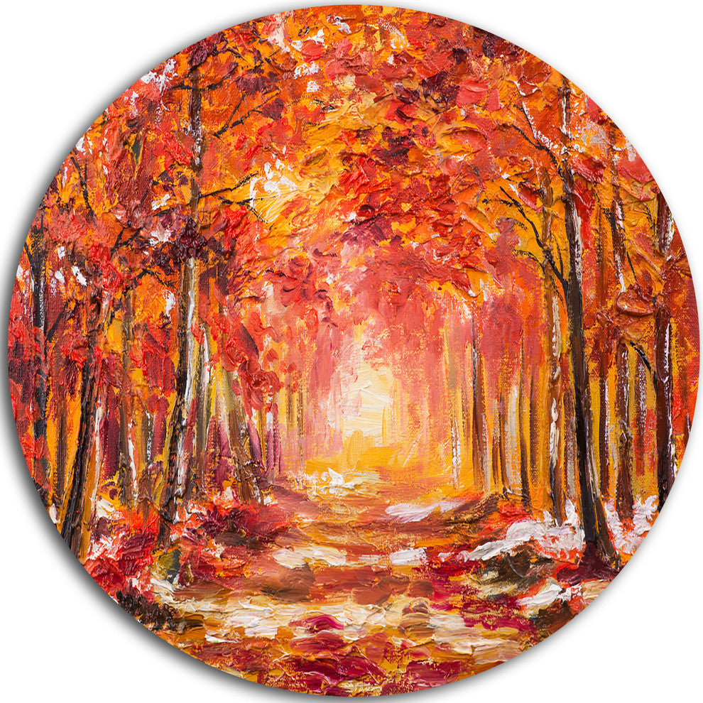 Autumn Forest In Red Shade, Landscape Disc Metal Artwork, 11"