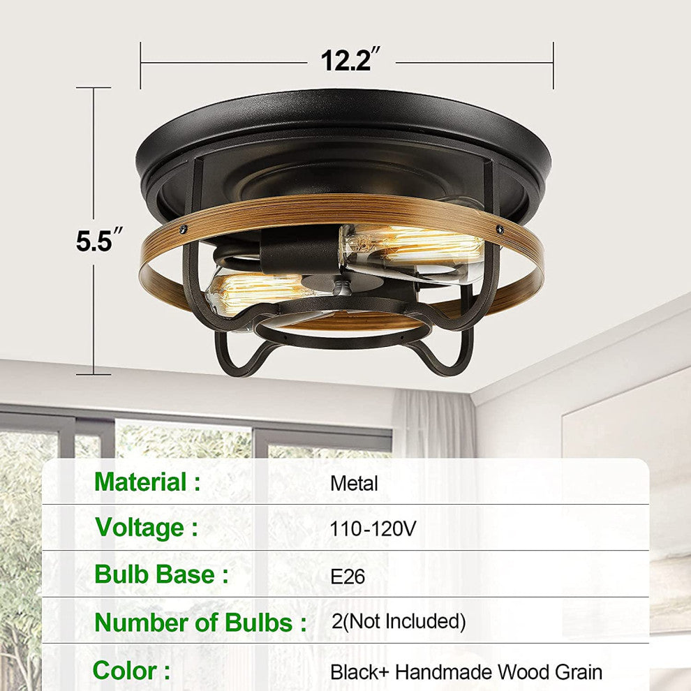 2 Light Vintage Flush Mount Ceiling Light Fixture, Industrial