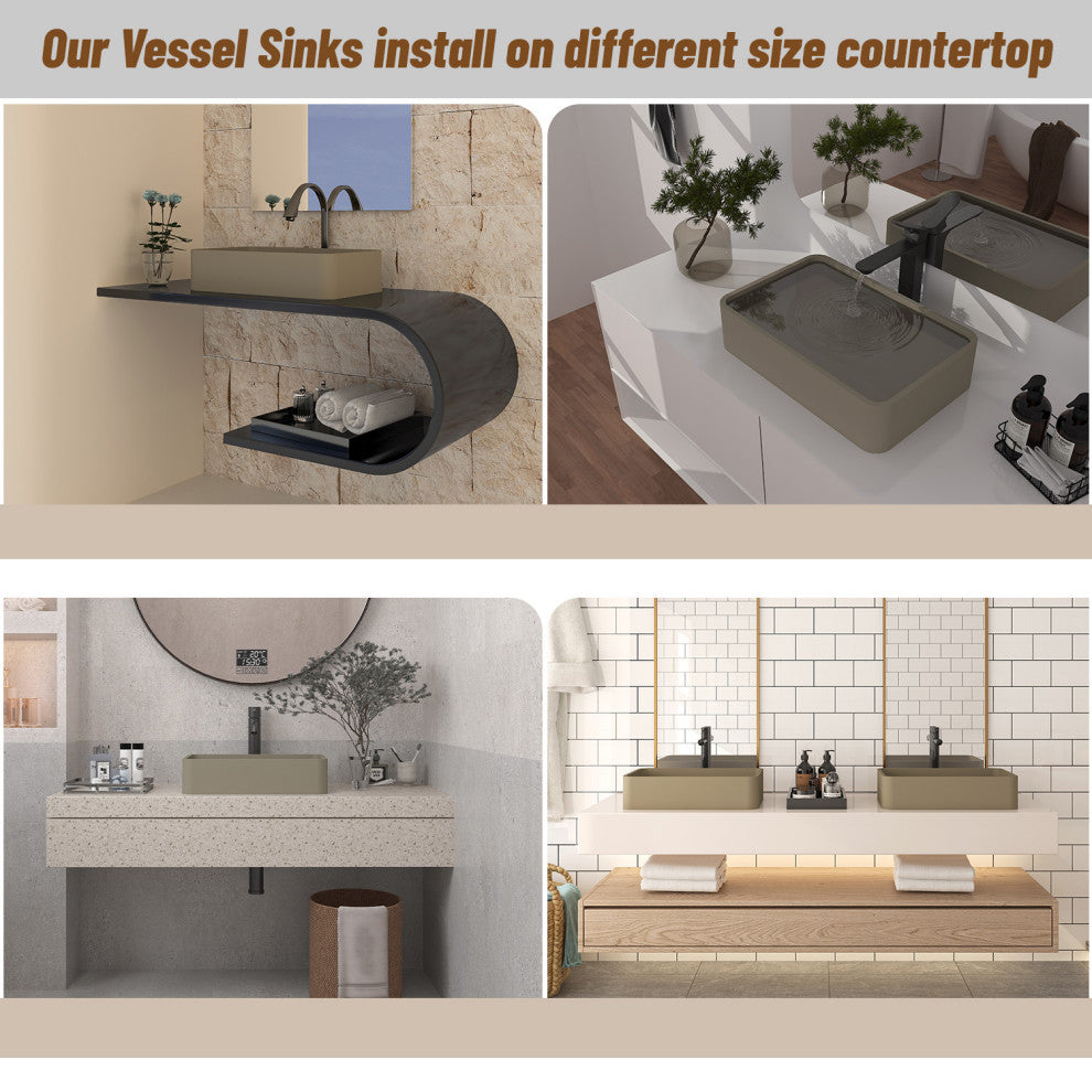 19in Bathroom Concrete Rectangular Vessel Sink with Drainer, Taupe Clay