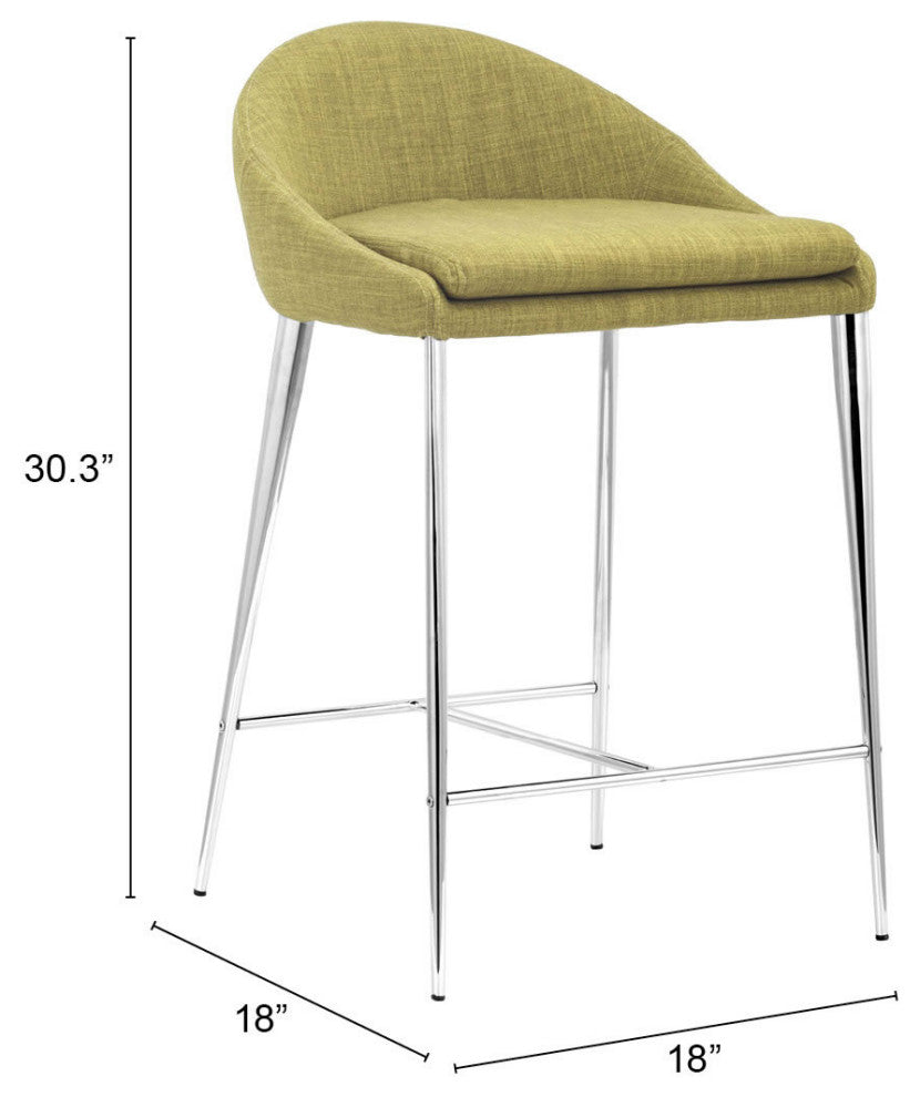 Counter Stool Chair, Set of 2, Steel Metal, Fabric, Pea Green, Chrome