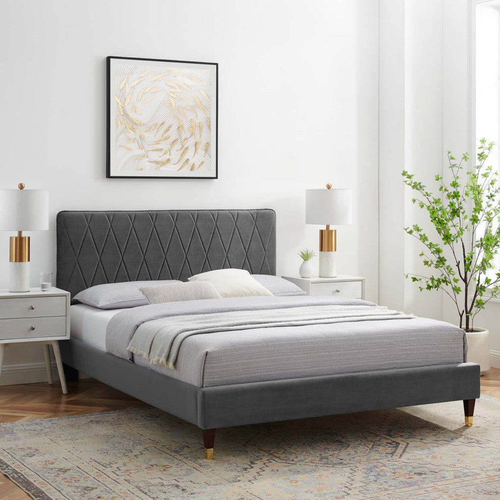 Platform Bed Frame, King Size, Velvet, Dark Gray, Modern Contemporary
