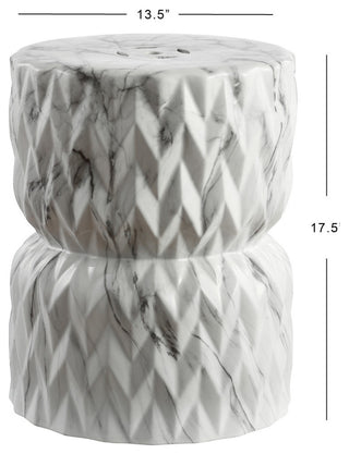 Chevron Drum 17.5" White Marble Finish Ceramic Garden Stool