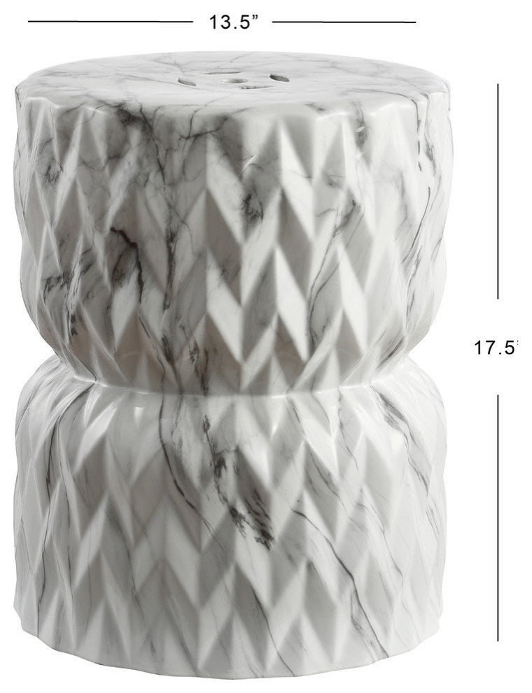 Chevron Drum 17.5" White Marble Finish Ceramic Garden Stool