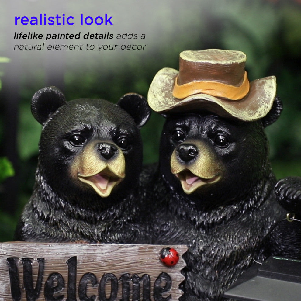 15" Tall Outdoor Bear Couple with Lantern and Welcome Sign Statue with Solar LED
