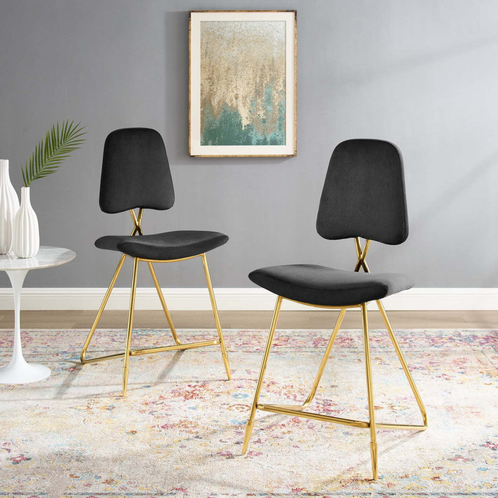 Counter Stool Chair, Set of 2, Velvet, Metal, Black, Modern, Bar Pub Cafe Bistro