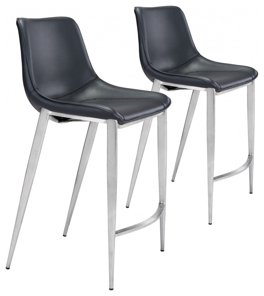 Set of Two Black Faux Leather and Steel Modern Stitch Bucket Counter Chairs
