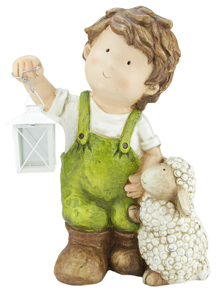 16.5" Young Boy Gnome with Lamb and Lantern Outdoor Garden Patio Figure