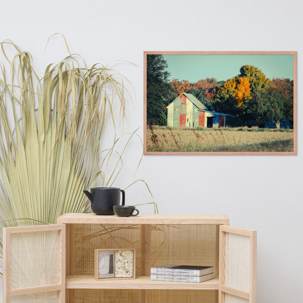 Patriotic Weathered Barn in Field Cross Processed Framed Photo Wall Art Prints, Red Oak, 24" X 36"