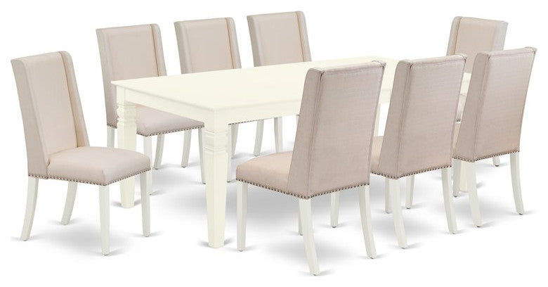 9-Piece Set, 8 Chairs and Butter Leaf Table Solid Wood Frame, Linen White