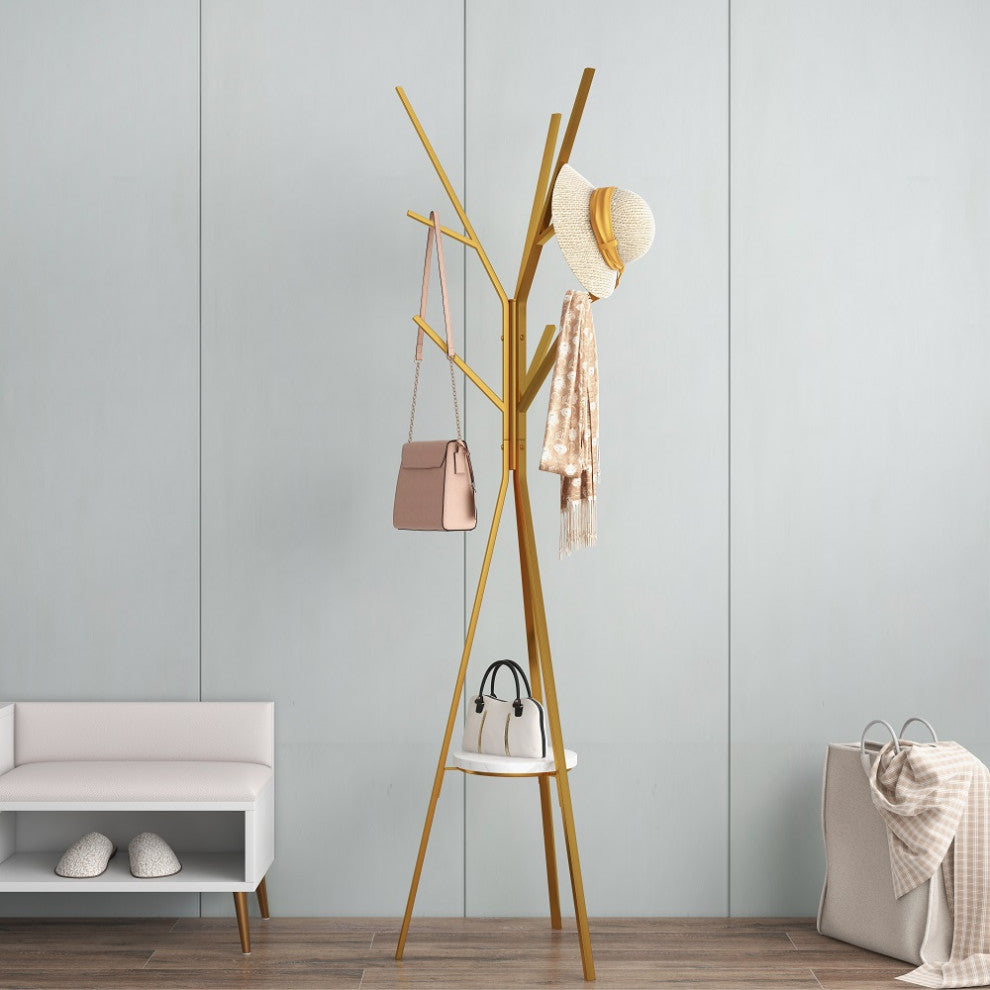70.9" Modern Freestanding Coat Rack Hanging with Shelf Marble Base, Gold
