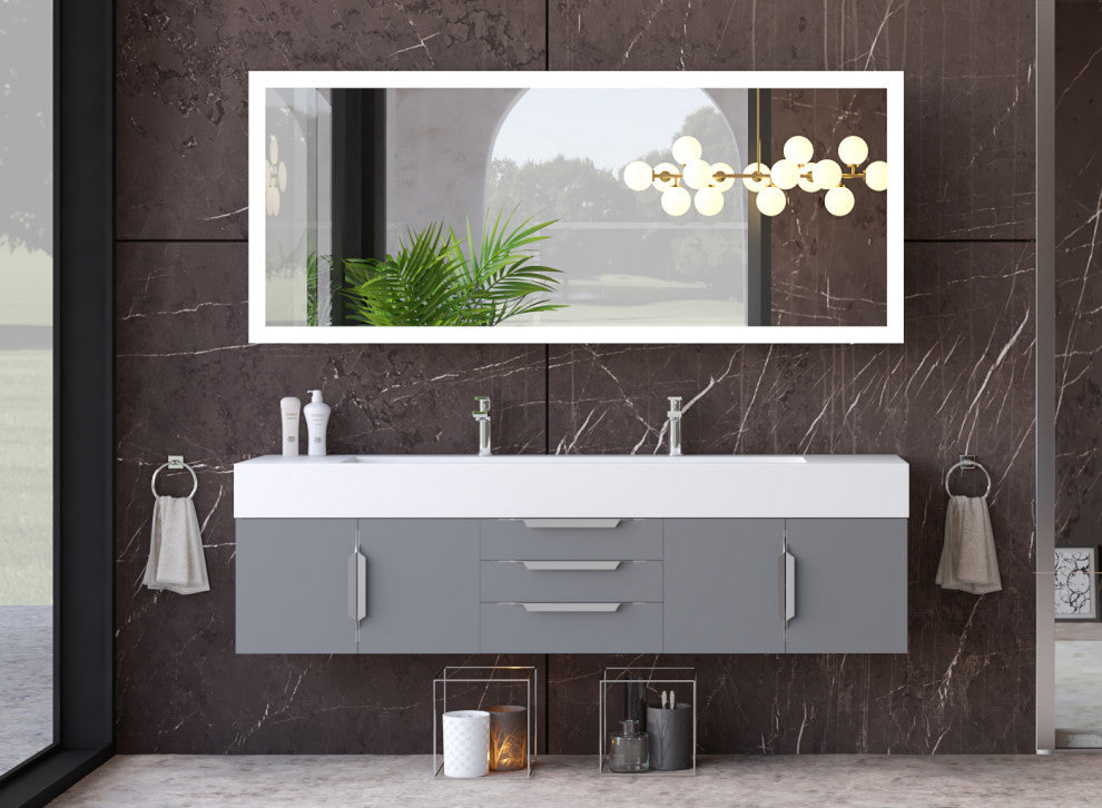 CastelloUSA Nile 72" Wall Mounted Bathroom Vanity Set, Gray, White Top, Chrome Handles