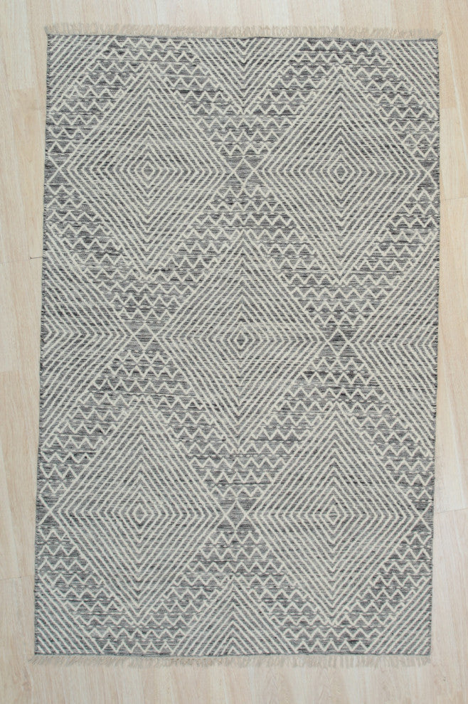 Handwoven Wool Black Contemporary Geometric Punja Killim Rug, 2'x8'