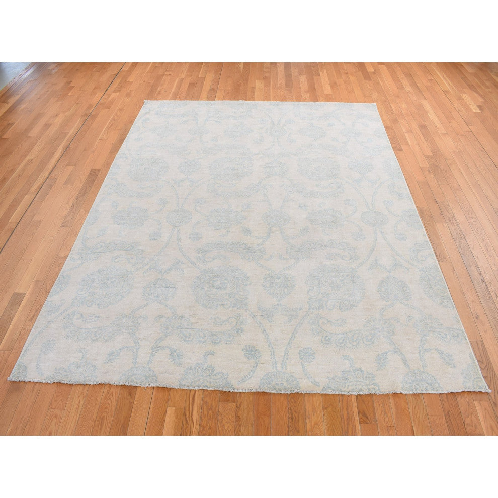 White Peshawar With Oushak Damask Design Pure Wool Hand Knotted Rug 8'x10'1"
