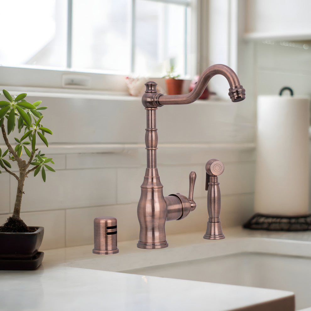 One-Handle Copper Widespread Kitchen Faucet with Side Sprayer, Antique Copper