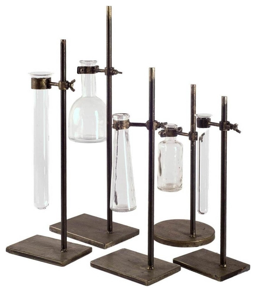 Jarvis Dark Brown Metal and Glass Chemistry Inspired Bottles, Set of 5
