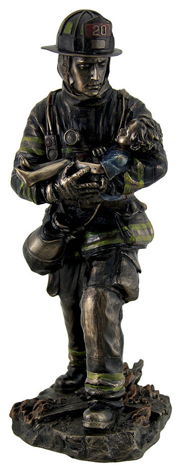 Firefighter Carrying Child Metallic Bronze Statue 11 Inches Tall