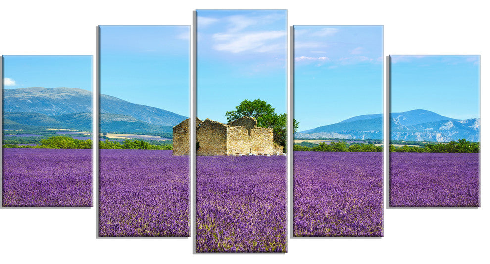 "Old House and Tree in Lavender Field" Landscape Wall Art, 5 Panels, 60"x32"