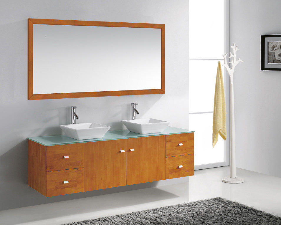 Clarissa 72" Double Bathroom Vanity Set, Honey Oak, Aqua Tempered Glass Countert