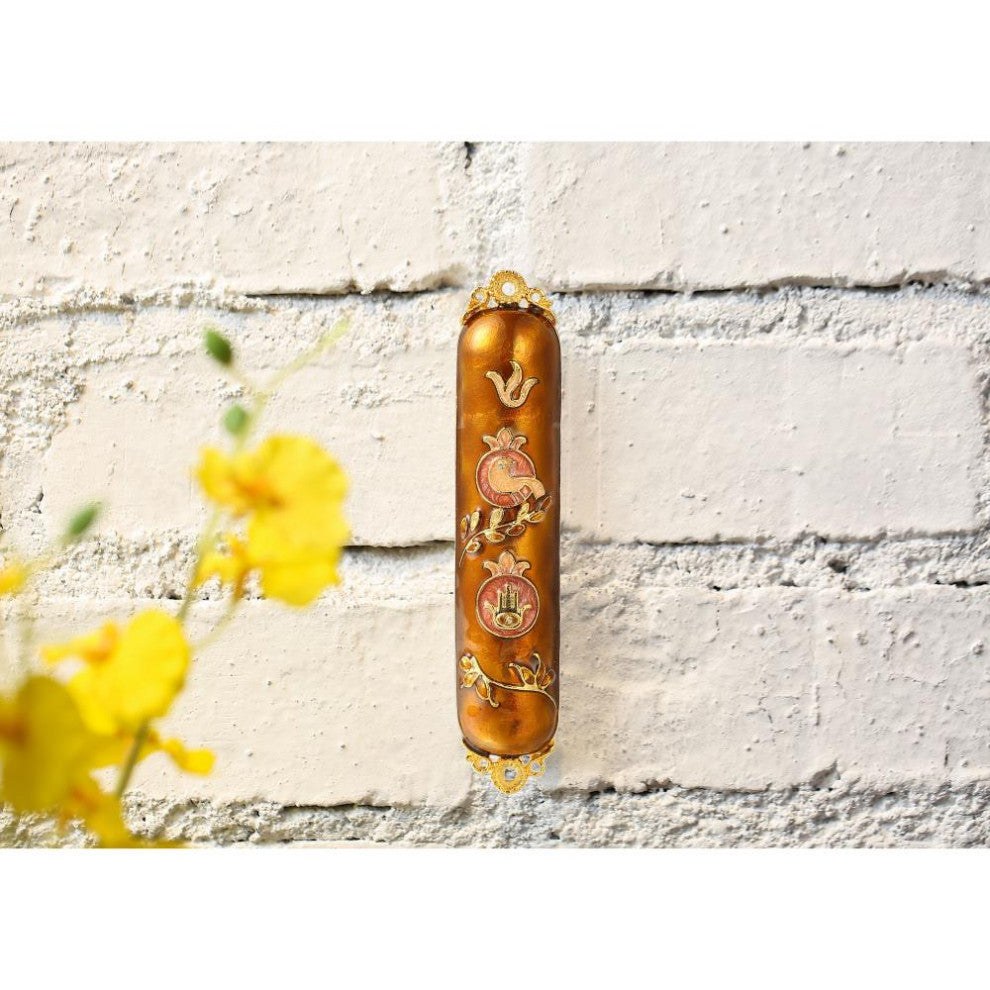 Matashi Hand Painted Enamel Mezuzah With Dove and Hamsa Design With Crystals