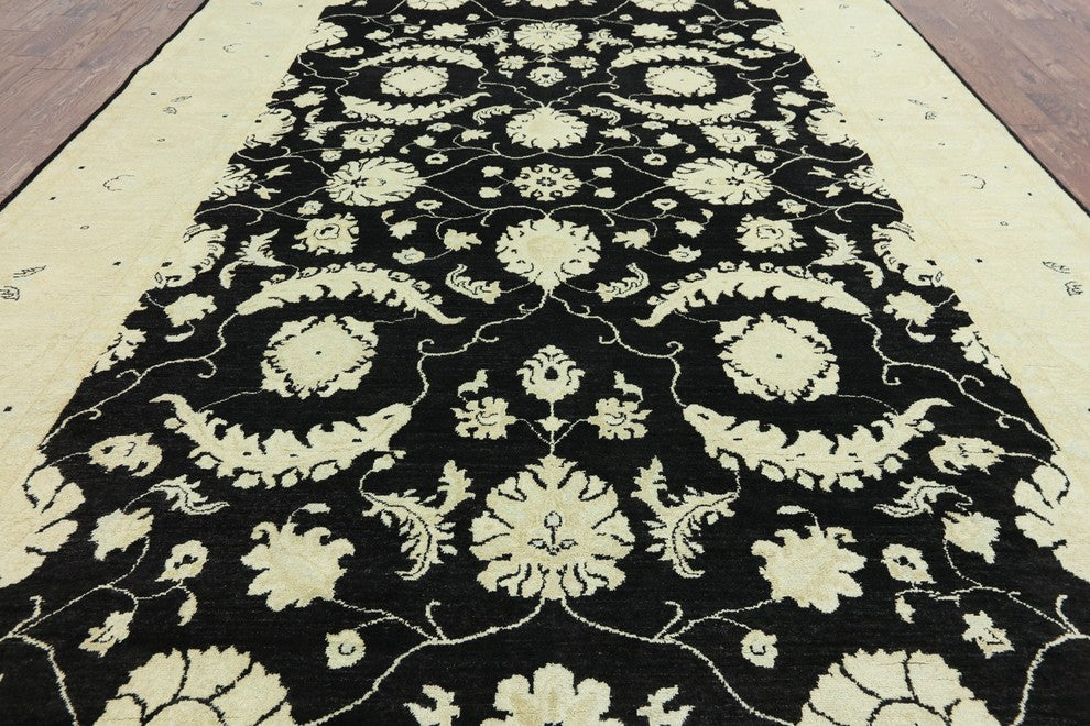 Oriental Chobi Peshawar Black Hand Knotted 9'x12' Rug, W2236