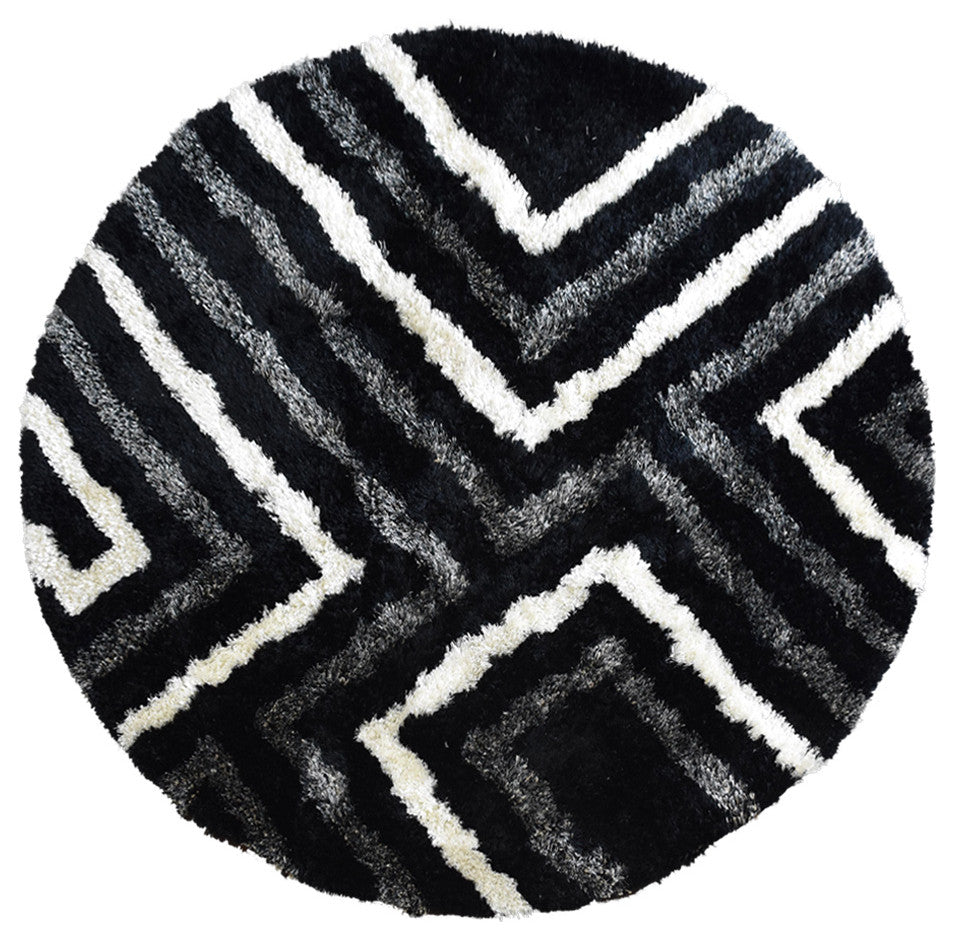 Hand Tufted Shag Polyester Area Rug Geometric Black Beige, 8'x8' Round