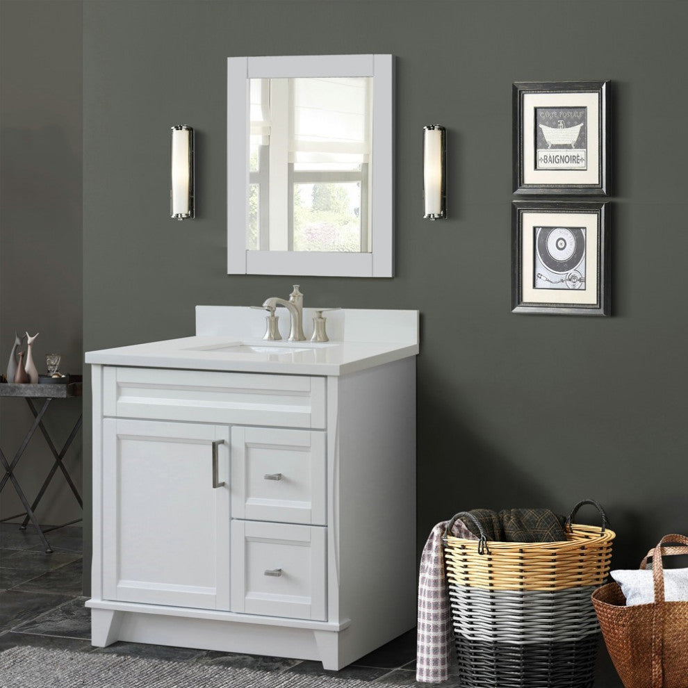 37" Single Sink Vanity, White Finish With White Engineered Stone Top