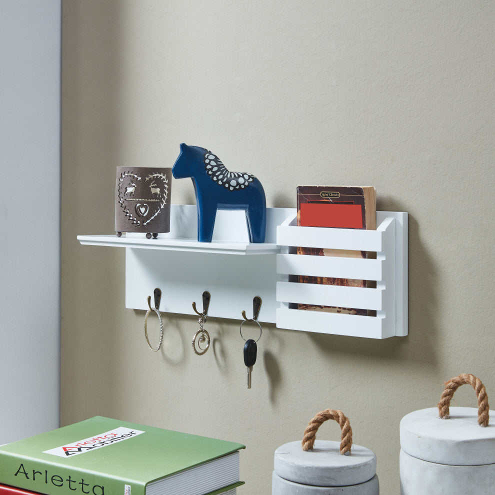 Danya B. Utility Shelf With Pocket and Hanging Hooks, White