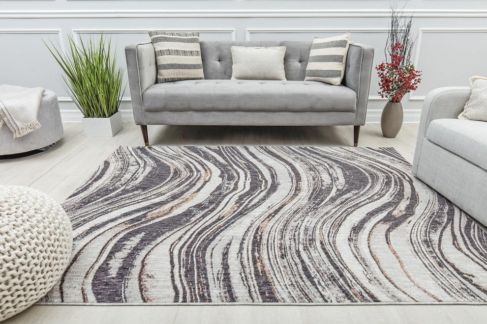 Jade Gray Shore Abstract Contemporary Gray Recycled Area Rug, 2'6" X 8'