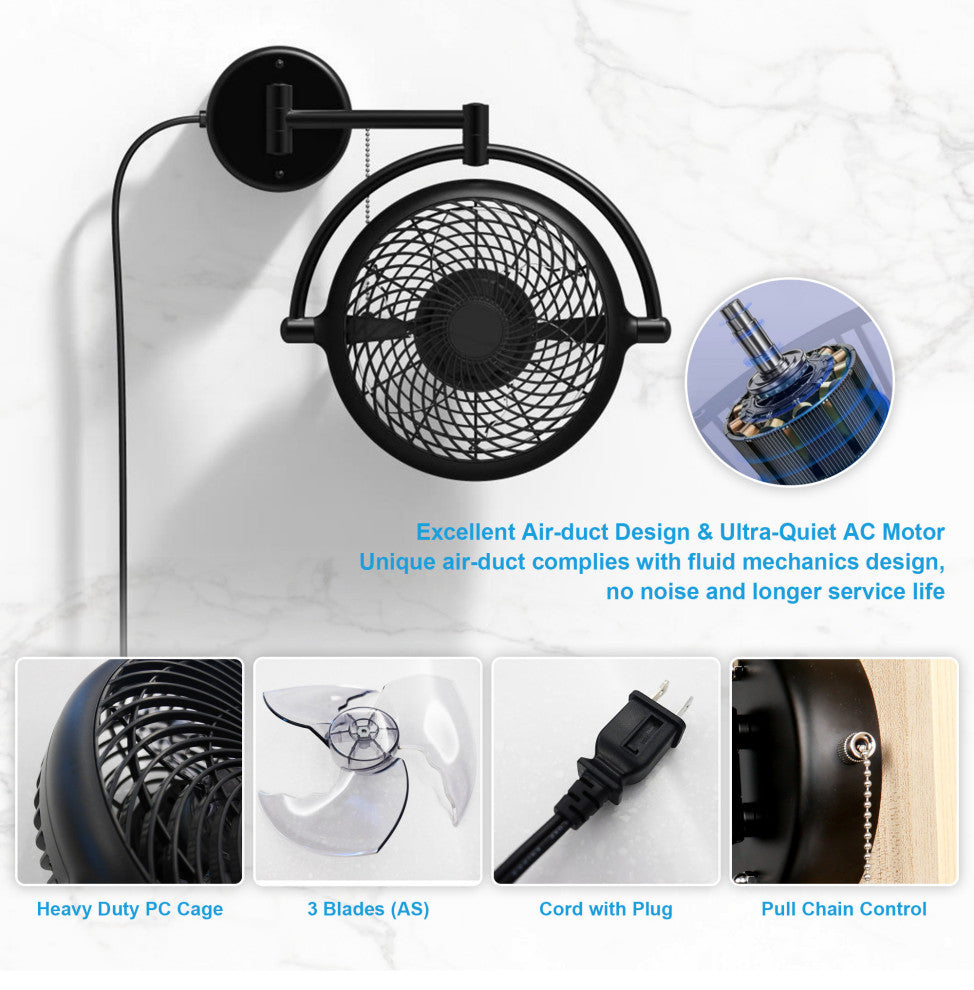 Whose Lamp 8-inch Wall Fan Walnut Finish, Black