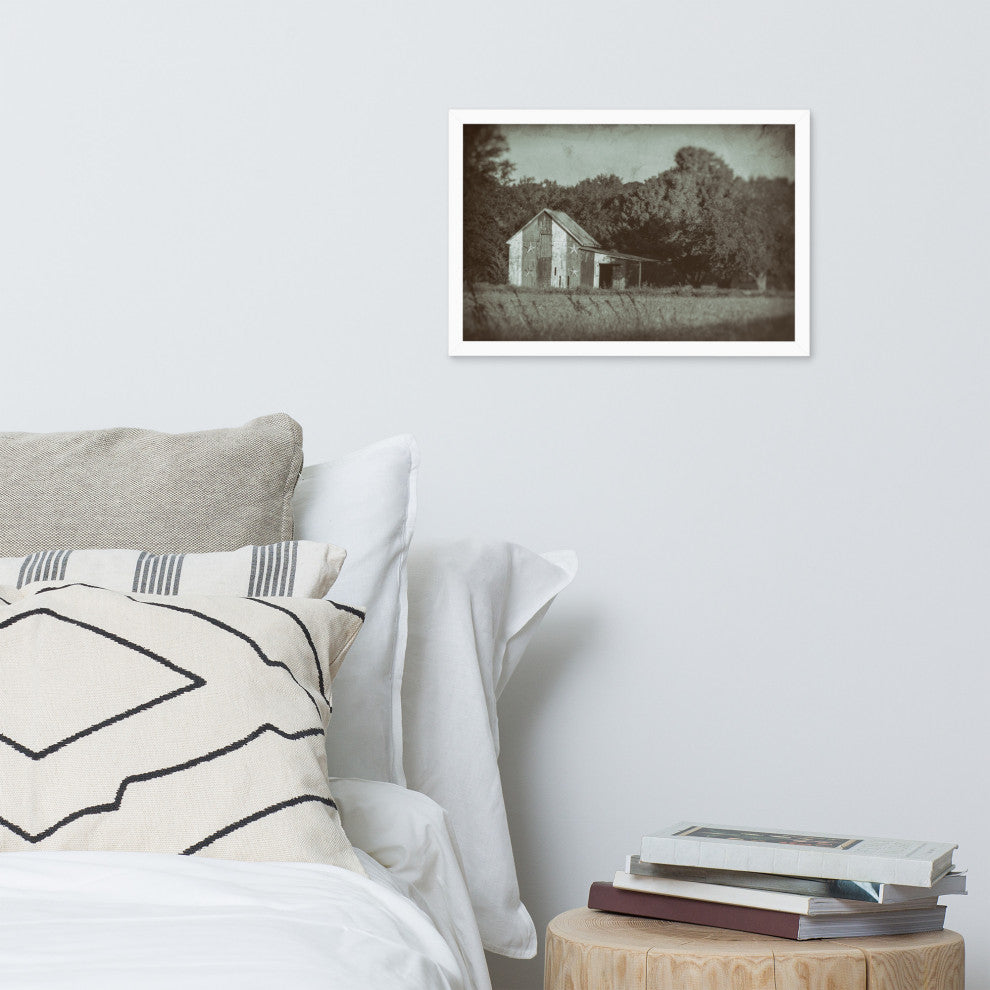 Patriotic Barn in Field Vintage Black and White Framed Photo Wall Art Print, White, 12" X 18"