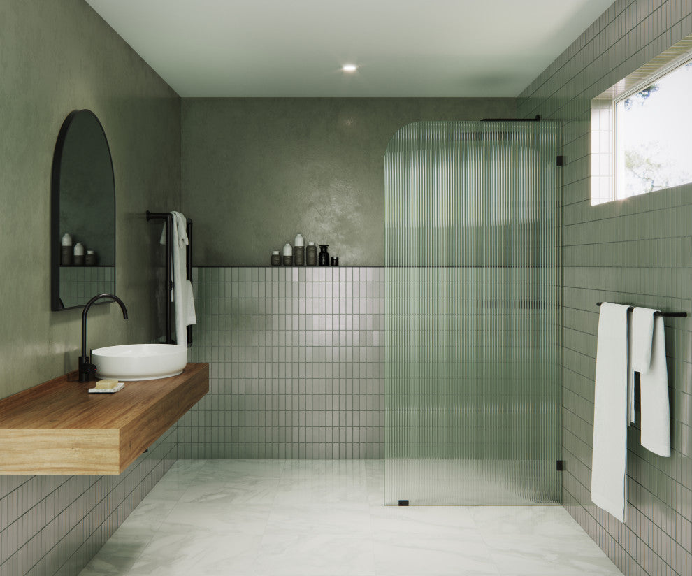 34"x78" Frameless Shower Door, Single Fixed Panel Fluted Radius, Oil Rubbed Bronze, 34" Right