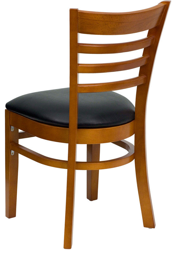 Ladder Back Cherry Wood Dining Chair, Black Vinyl Seat